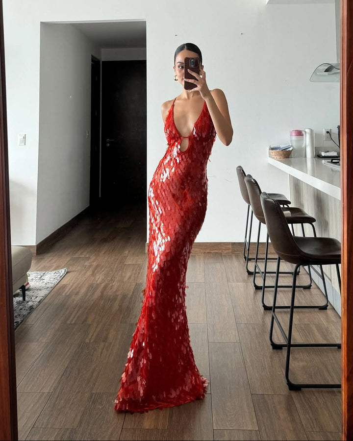 Burgundy Sequin Plunge Homecoming Dress