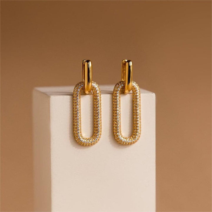 Main shot of the retro rhinestone geometric hoop earrings