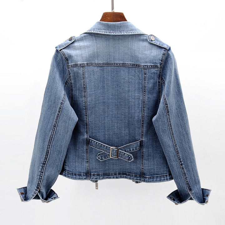 Fitted Zip-Front Denim Moto Jacket for Casual Style