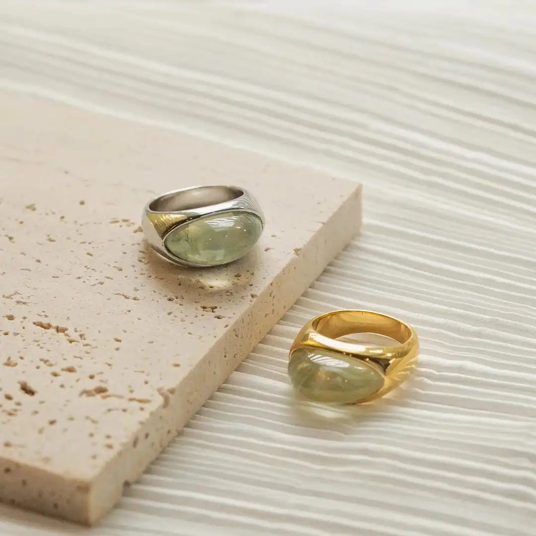 Main shot of the unique green natural stone ring