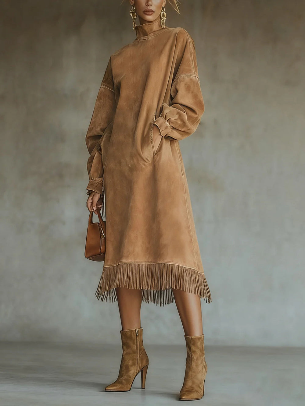 women's suede turtleneck dress – green fringed hem boho