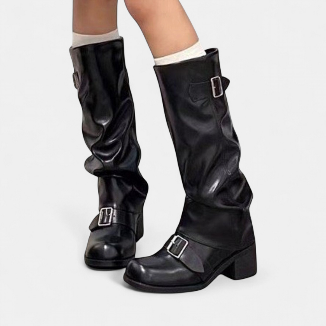 Harlow | Women's PU Leather Slouch Knee High Boots with Buckle Block Heel