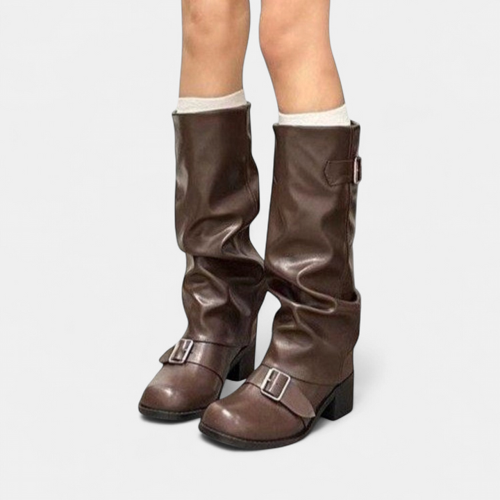 Harlow | Women's PU Leather Slouch Knee High Boots with Buckle Block Heel