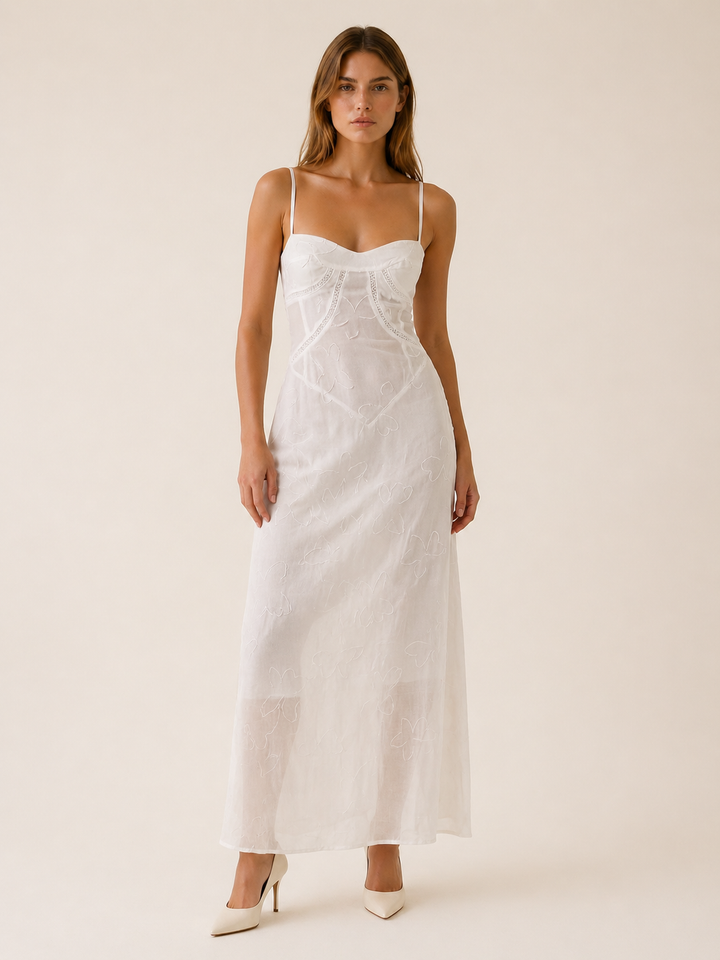 White Lace Maxi Dress with Strappy Detail – front view
