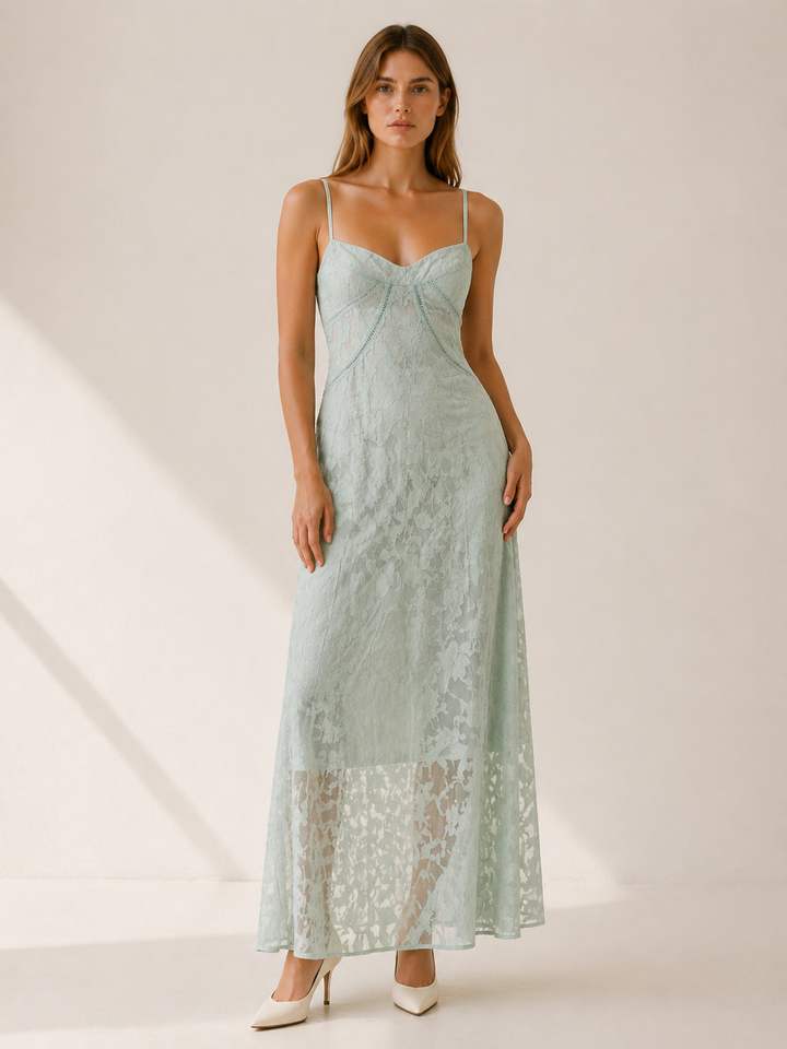 White Lace Maxi Dress with Strappy Detail – full length view