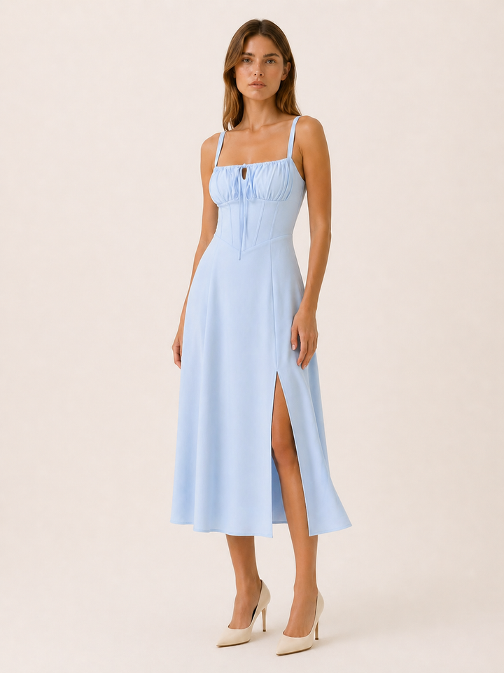Baby Blue Lace Up Midi Dress with Side Slit – detail view