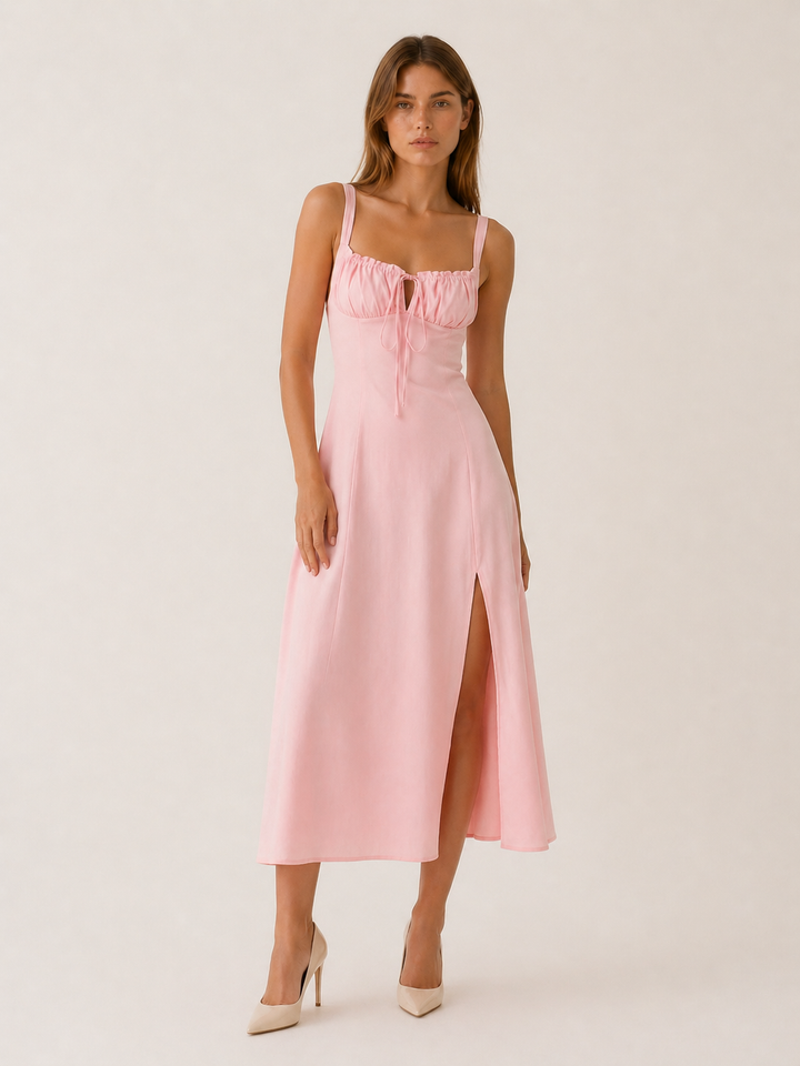 White Lace Up Midi Dress with Side Slit – full length view