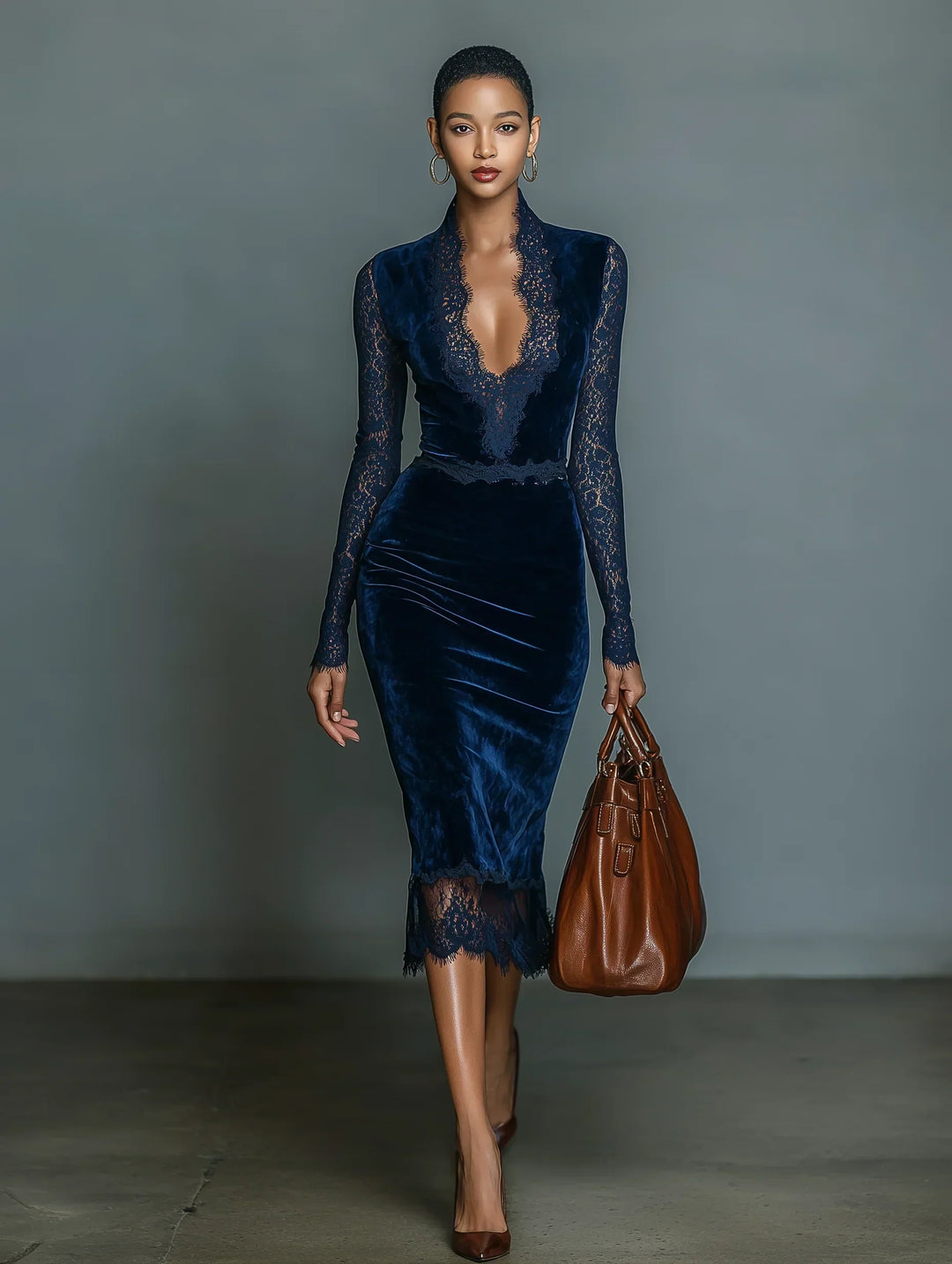 Blue Velvet Midi Dress — back view