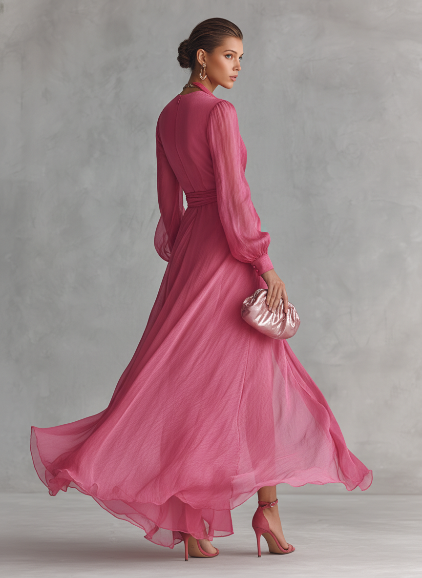 Pink Pearl Chiffon Maxi Dress — close-up view