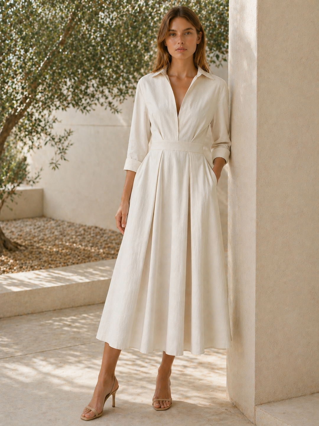 Beige Midi Shirt Dress with Pleated Skirt and Pockets – back view