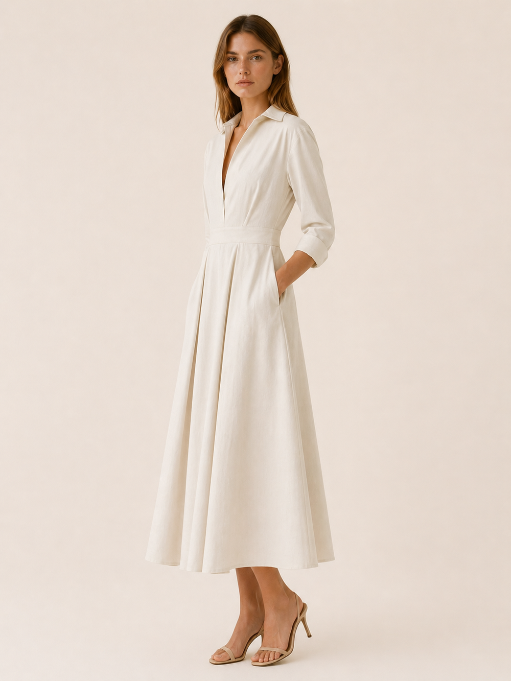 Black Midi Shirt Dress with Pleated Skirt and Pockets – side view