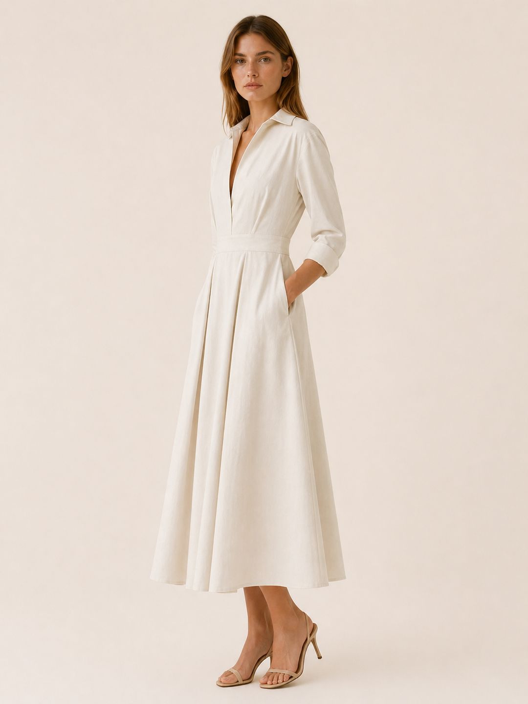 Black Midi Shirt Dress with Pleated Skirt and Pockets – side view