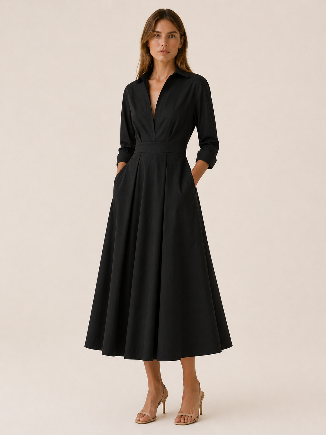 Black Midi Shirt Dress with Pleated Skirt and Pockets – detail view