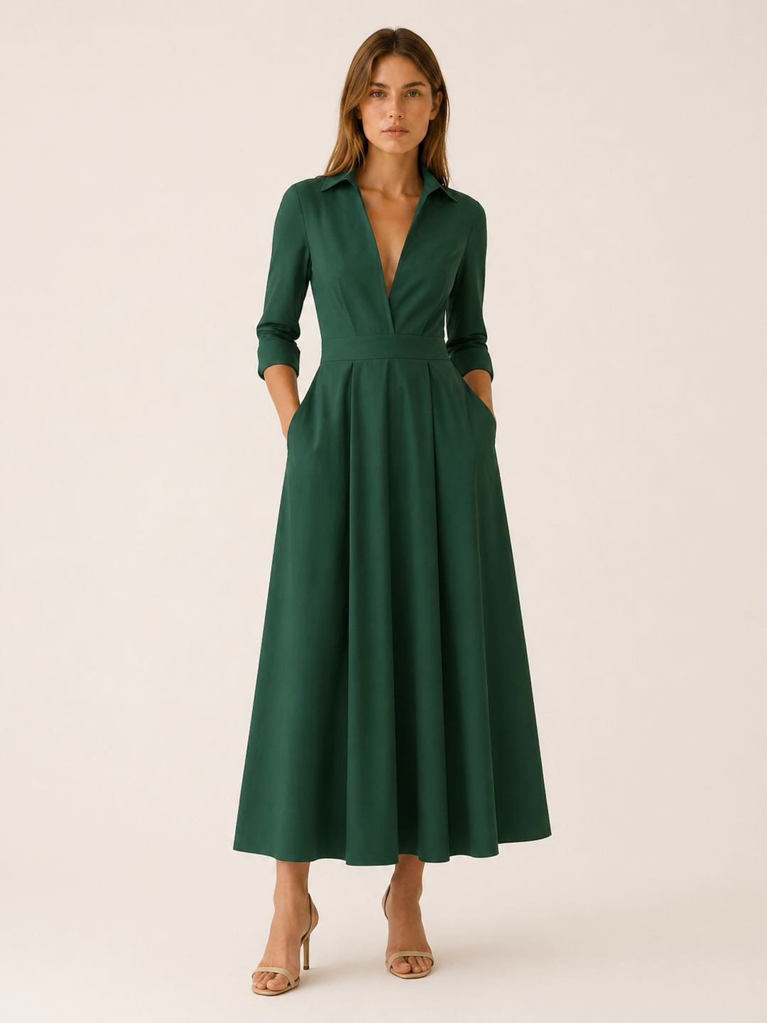 Beige Midi Shirt Dress with Pleated Skirt and Pockets – close-up