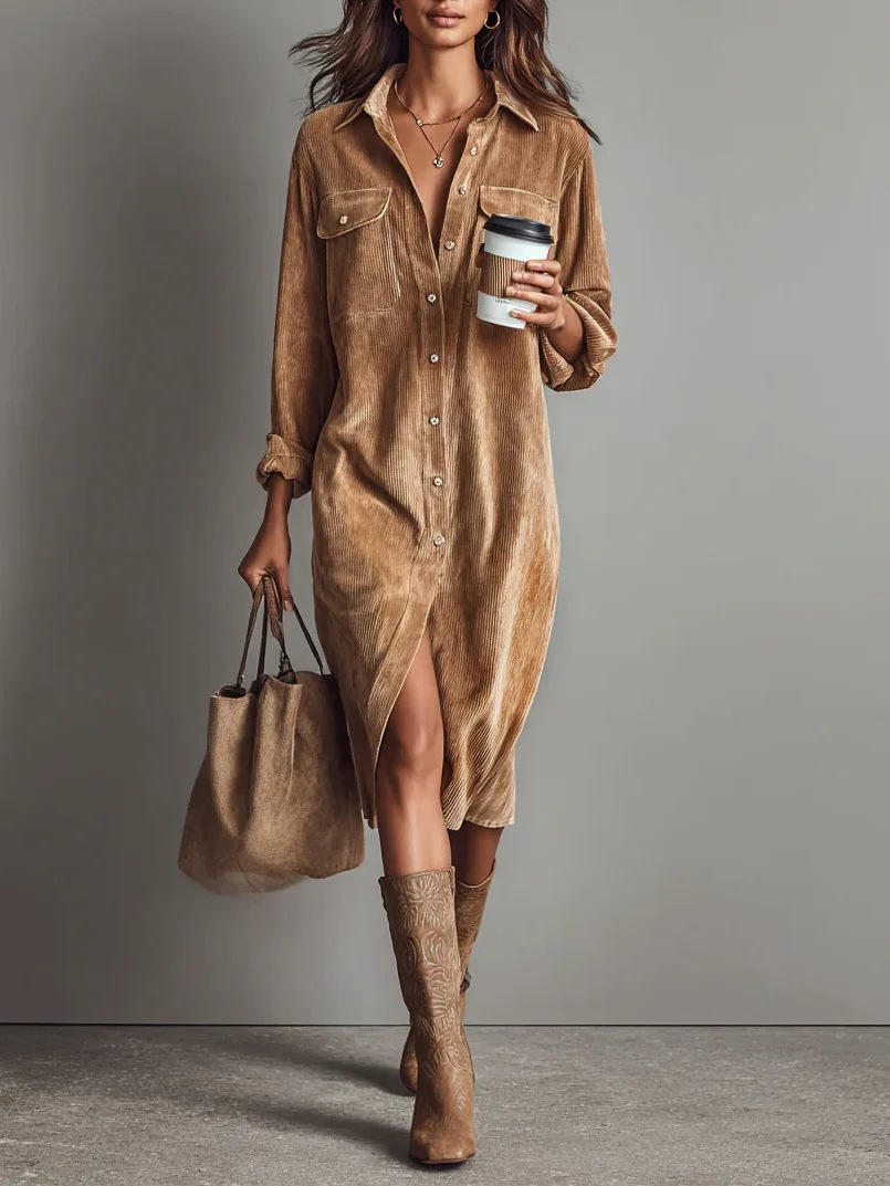 women's corduroy midi dress – gray double pocket style