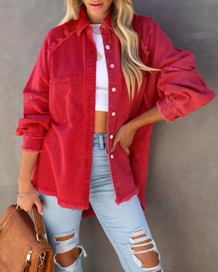 Oversized Frayed Denim Shirt Jacket for Casual Style