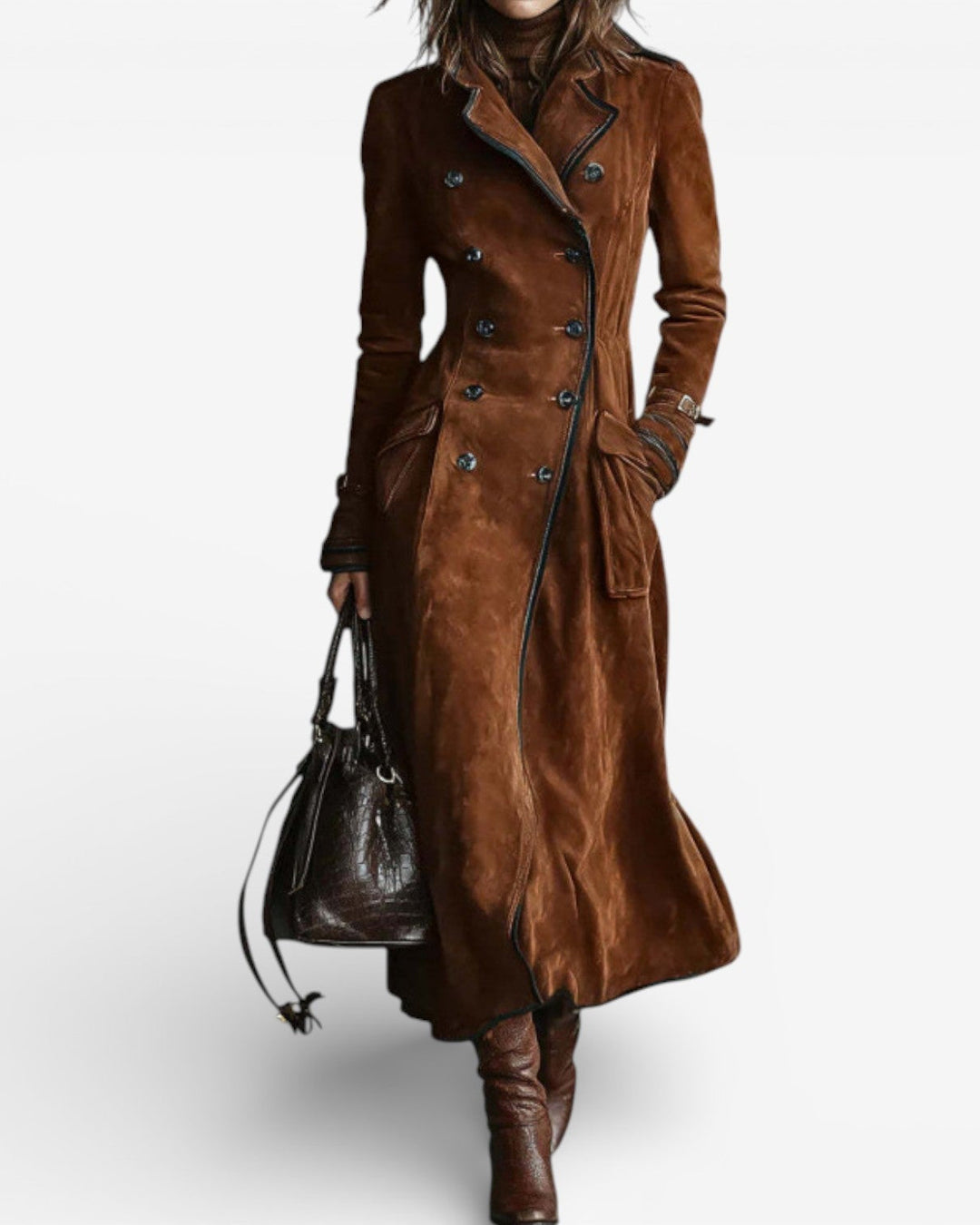 Nathalie dark brown faux suede leather trench coat