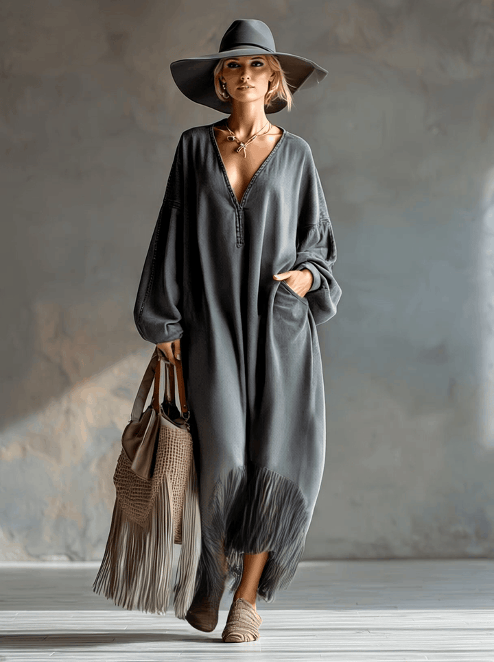 Martha denim tassel dress fringe detail – grey denim hem close-up