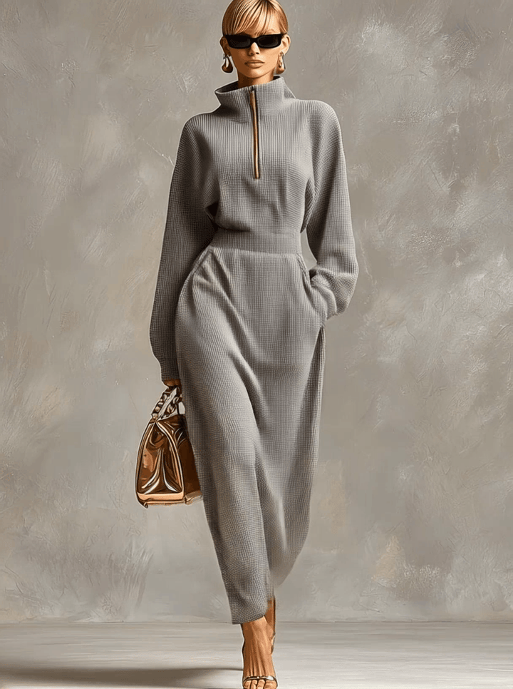 Lillian waffle knit dress detail – texture and lapel zip close-up