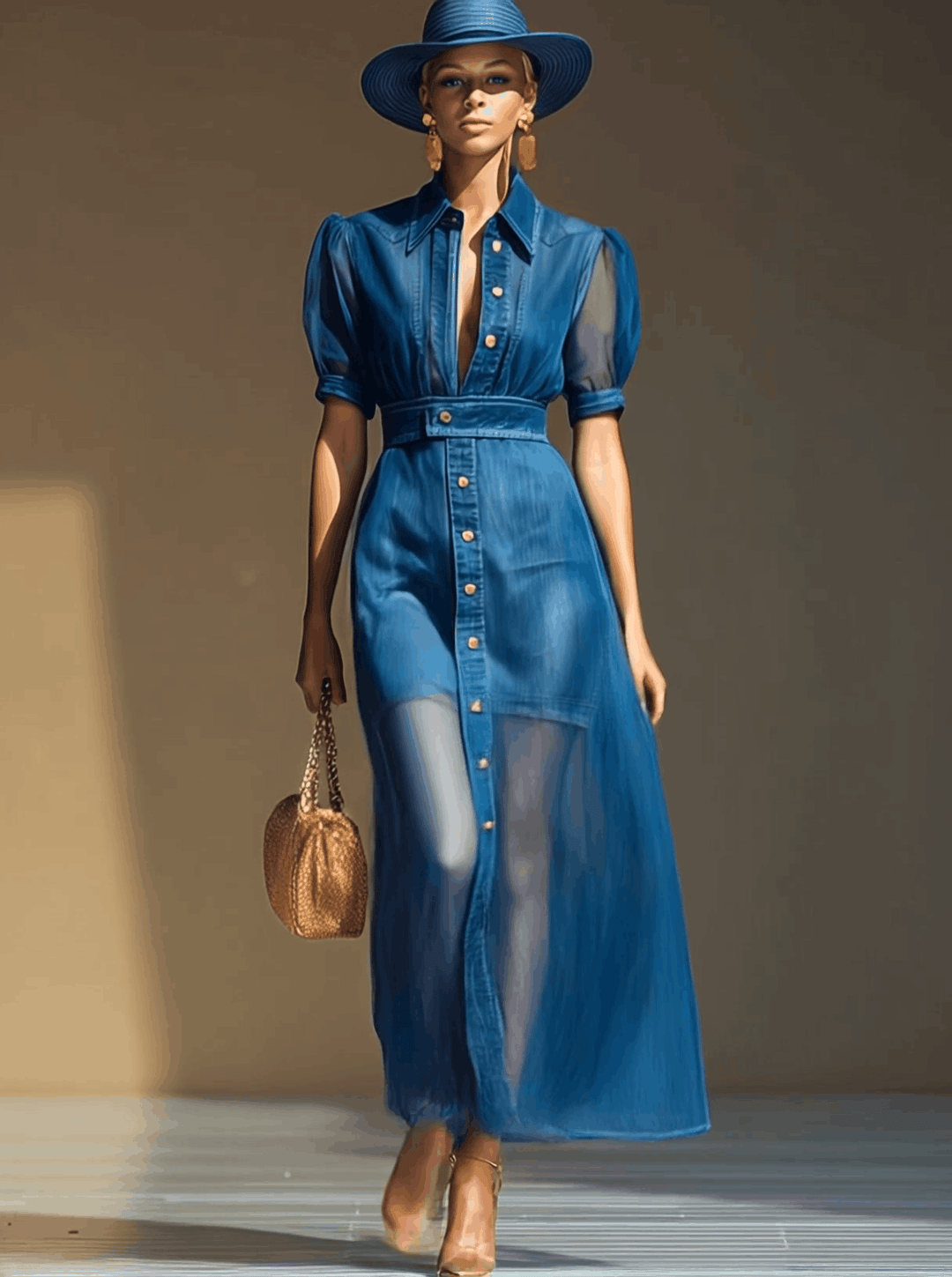 Eleanor denim organza dress detail – layered fabric and V-neck close-up