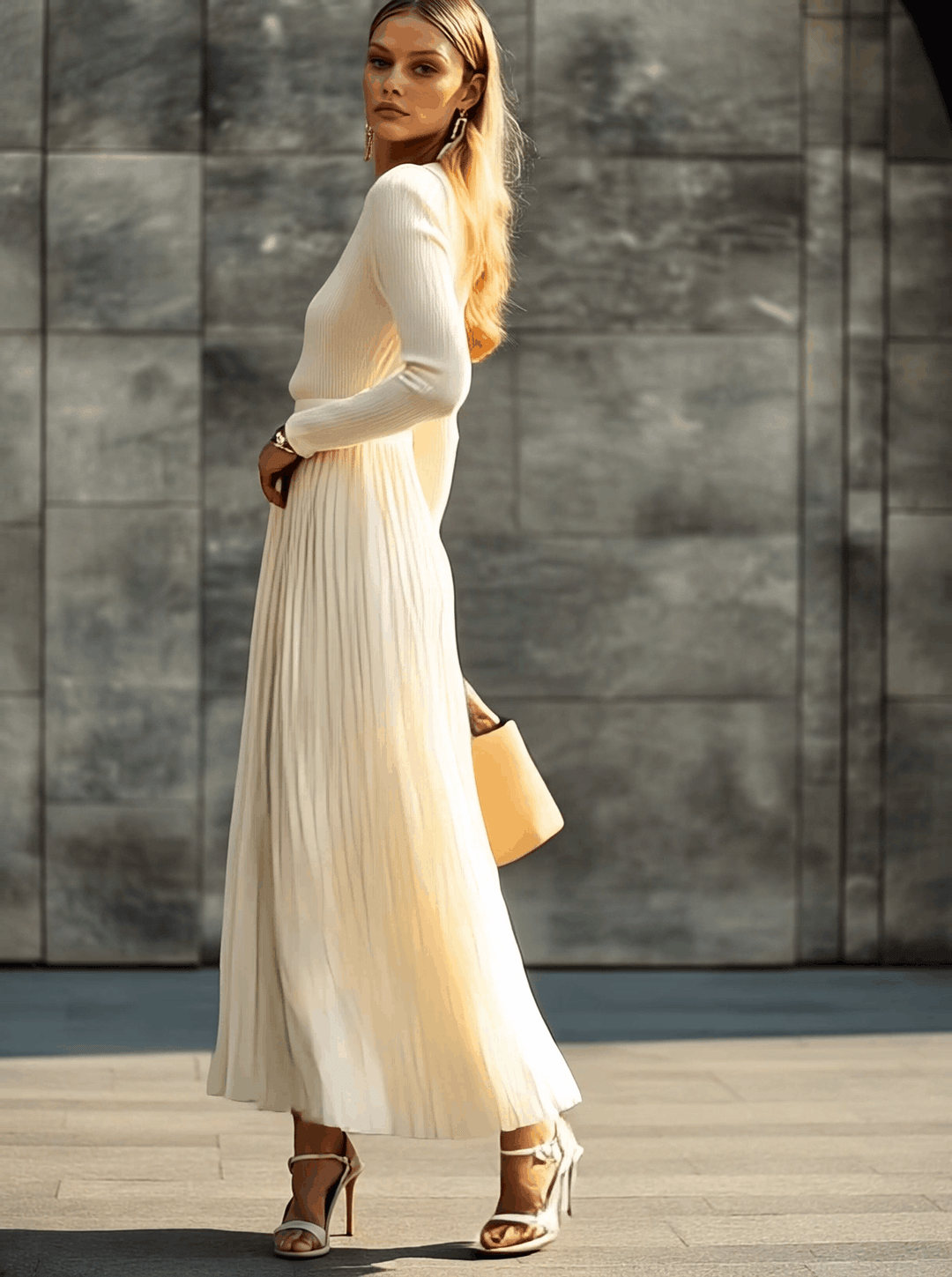 Clara casual maxi dress back – long sleeve cream knit women