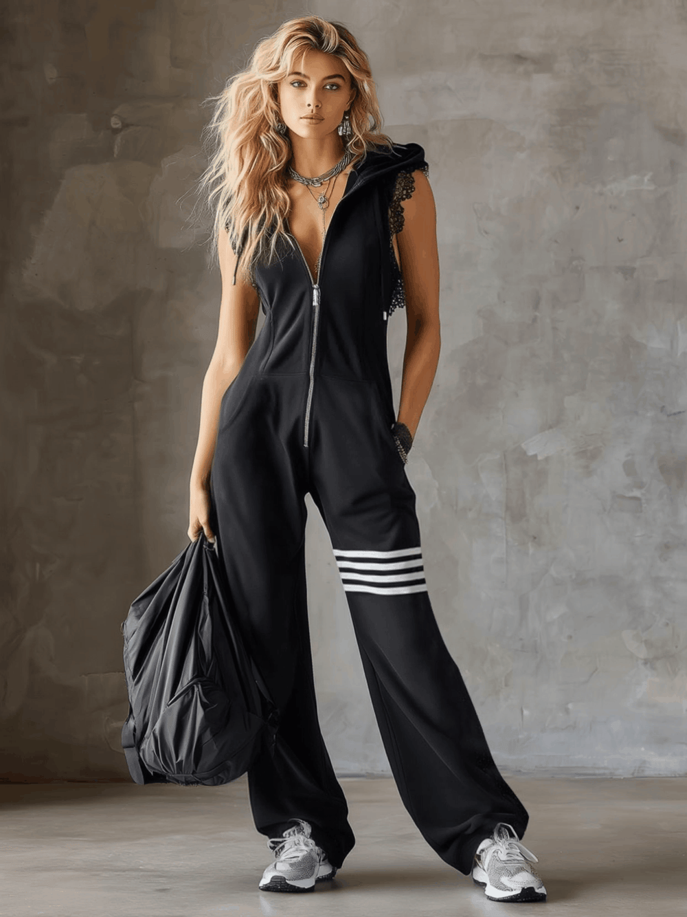 Retro sporty hoodie jumpsuit women's co-ord – side