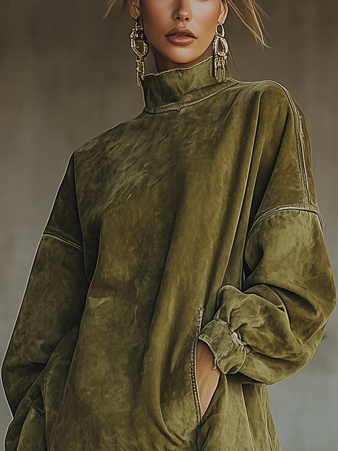 women's boho mini dress – olive suede fringe turtleneck