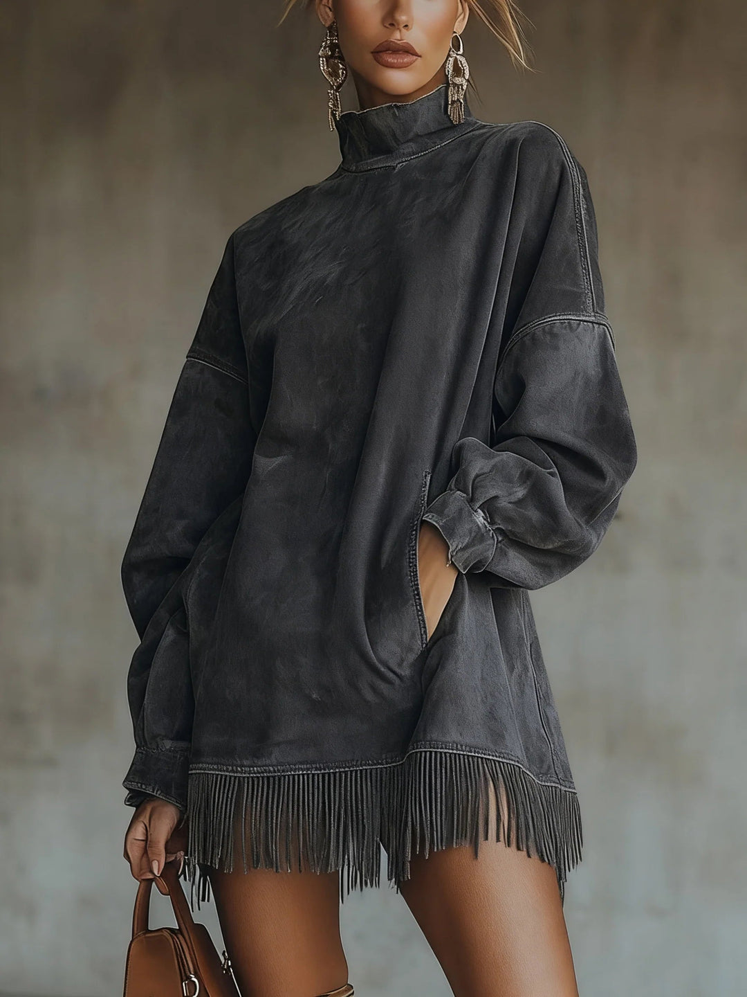 olive suede turtleneck mini dress – fringe hem women's