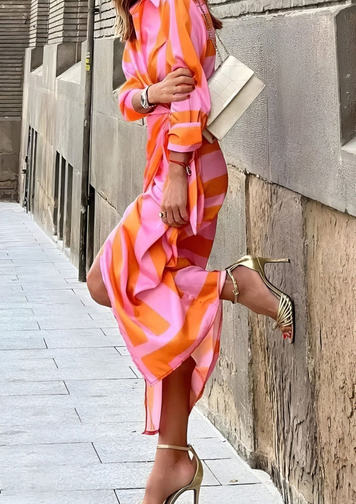 Olivia – Printed Waist-Cinching Shirt Dress — full length view