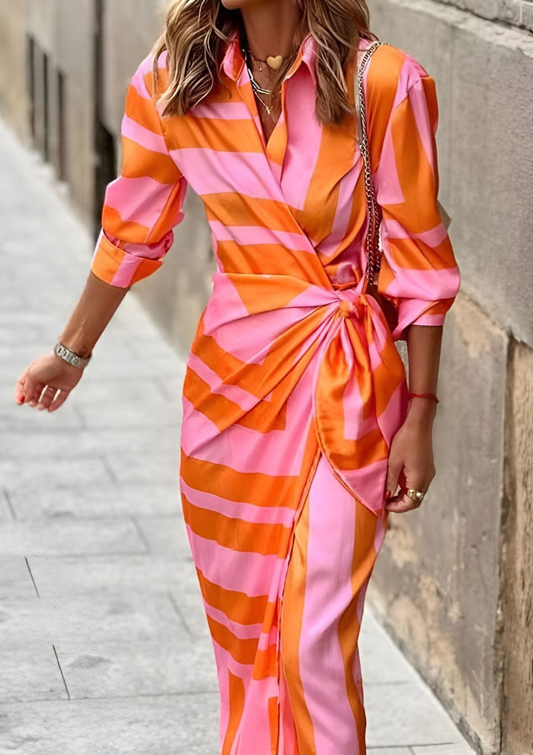 Olivia – Printed Waist-Cinching Shirt Dress — model shot