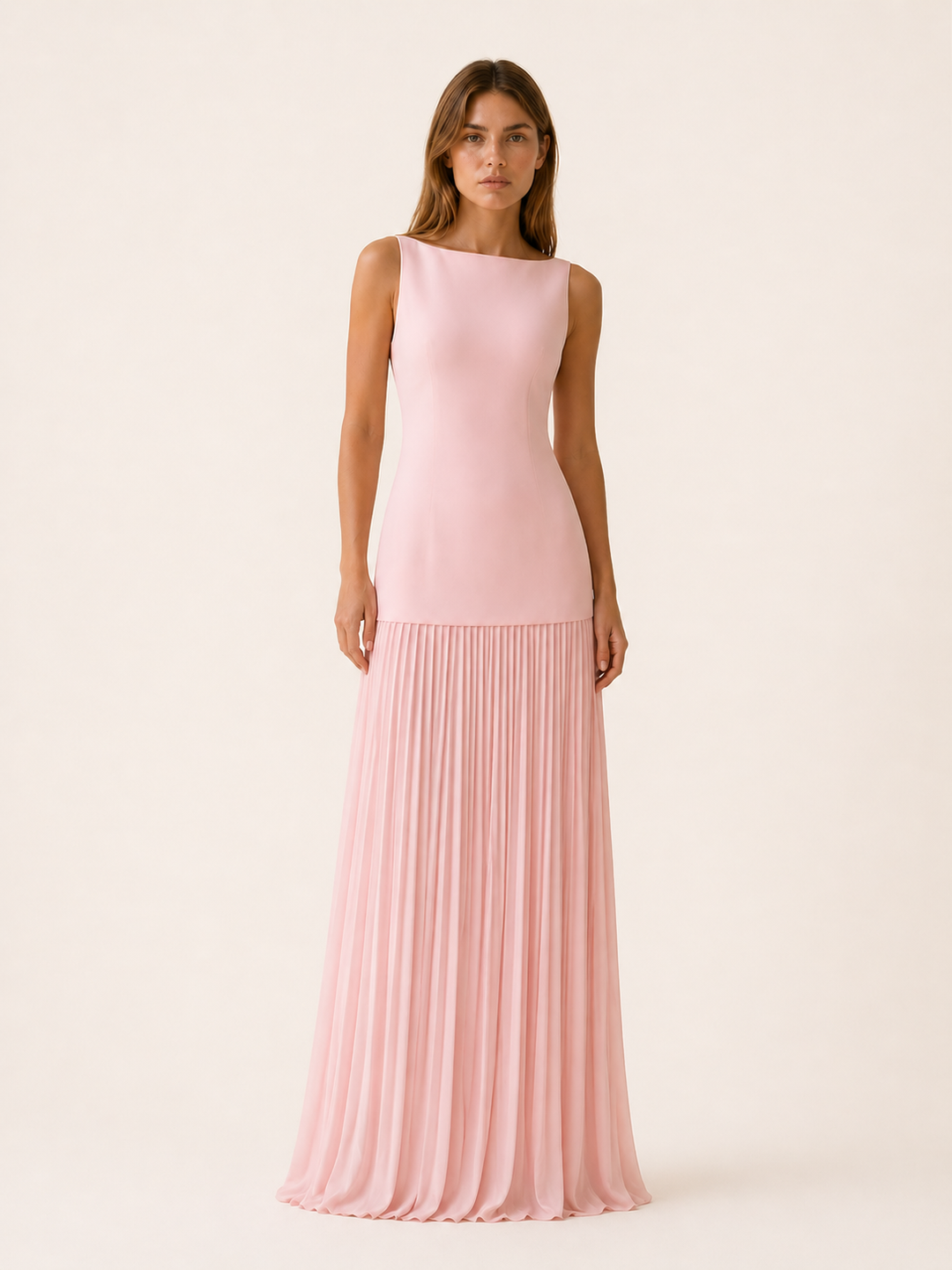 Pink Pleated Maxi Dress with Boat Neck – front view