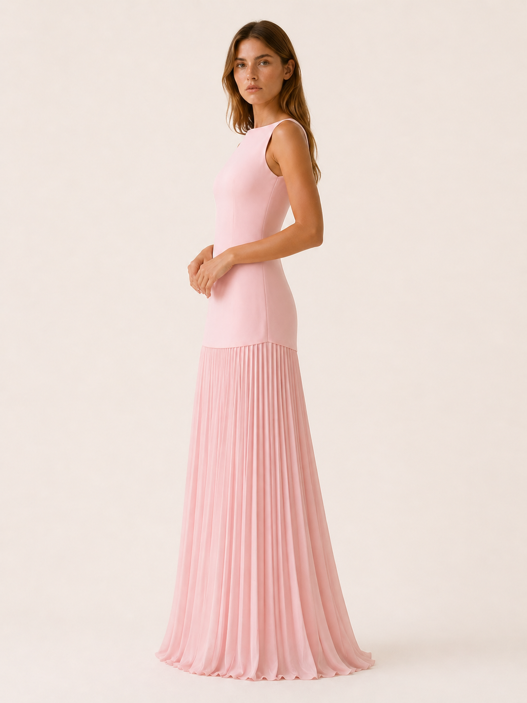 Pink Pleated Maxi Dress with Boat Neck – side view
