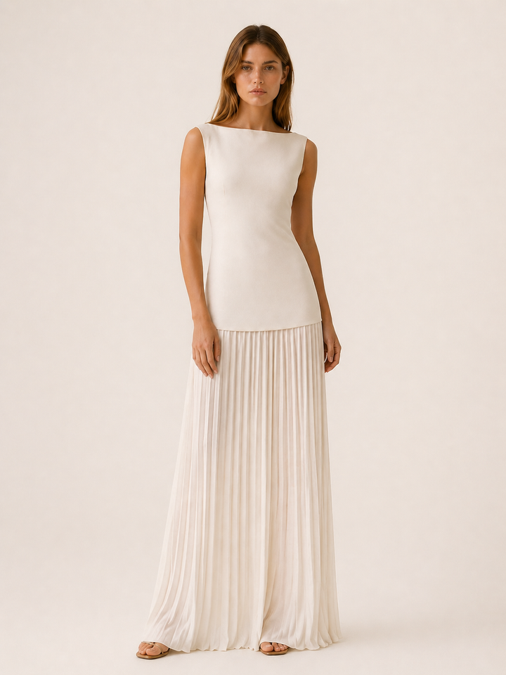 Pink Pleated Maxi Dress with Boat Neck – detail view