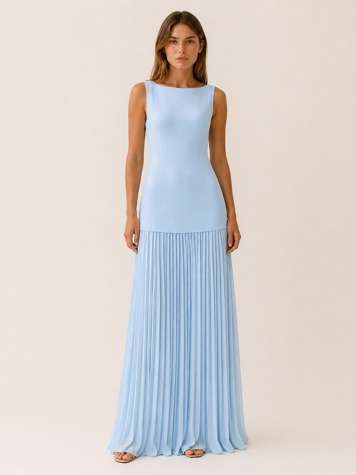 Pink Pleated Maxi Dress with Boat Neck – close-up