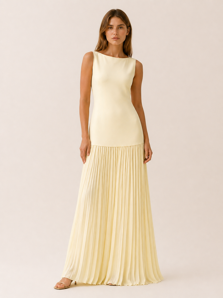 Pink Pleated Maxi Dress with Boat Neck – full length view