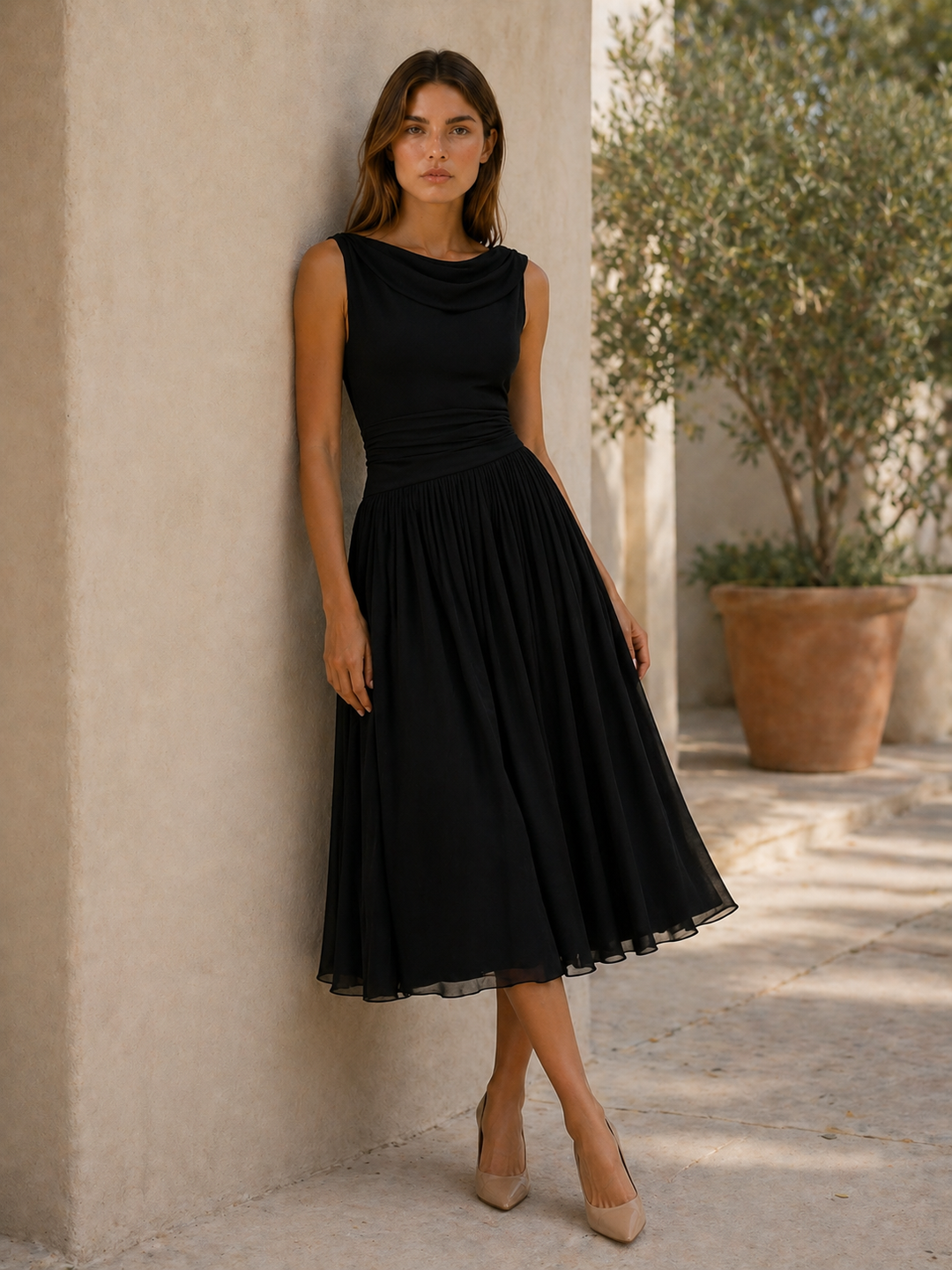 Black Pleated Midi Dress with Draped Neckline – lifestyle