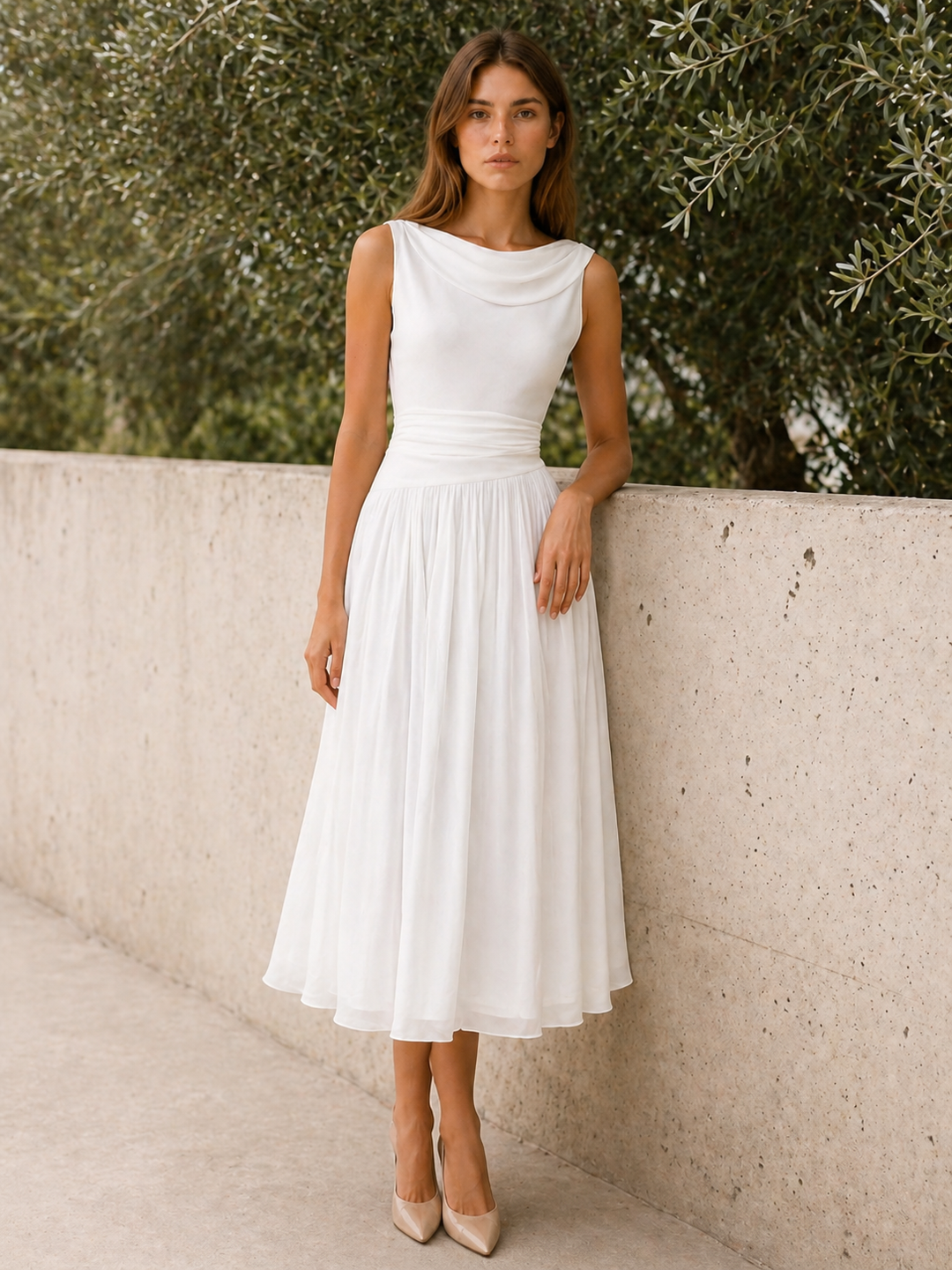 White Pleated Midi Dress with Draped Neckline – back view