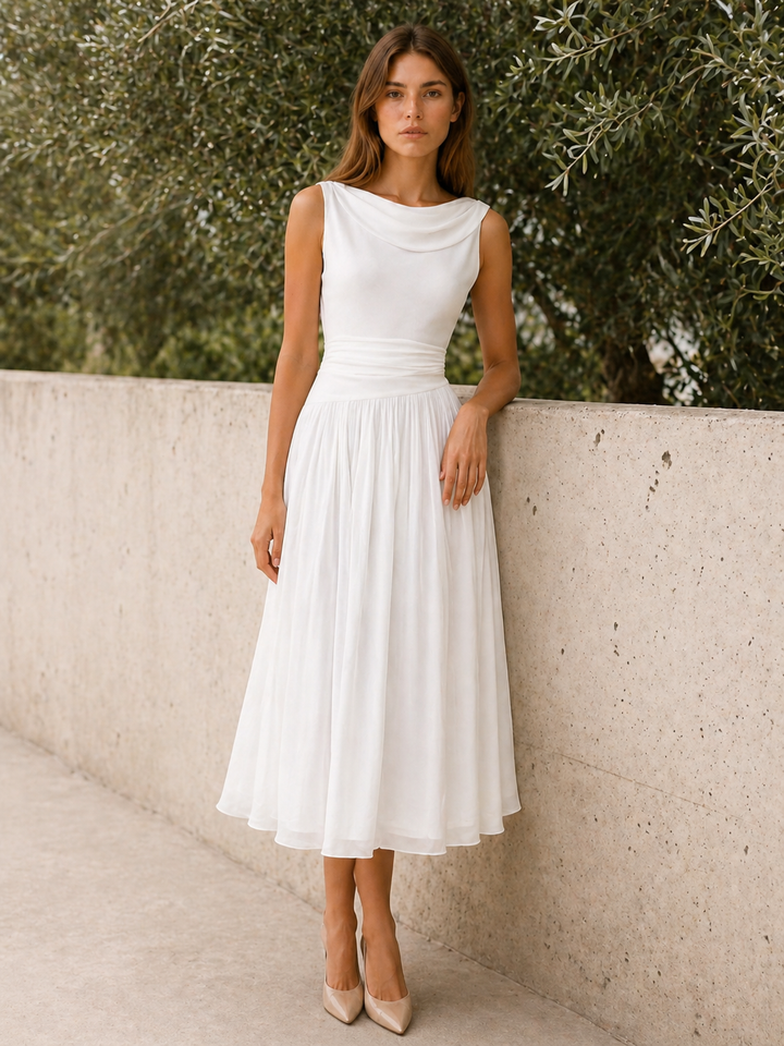 White Pleated Midi Dress with Draped Neckline – back view