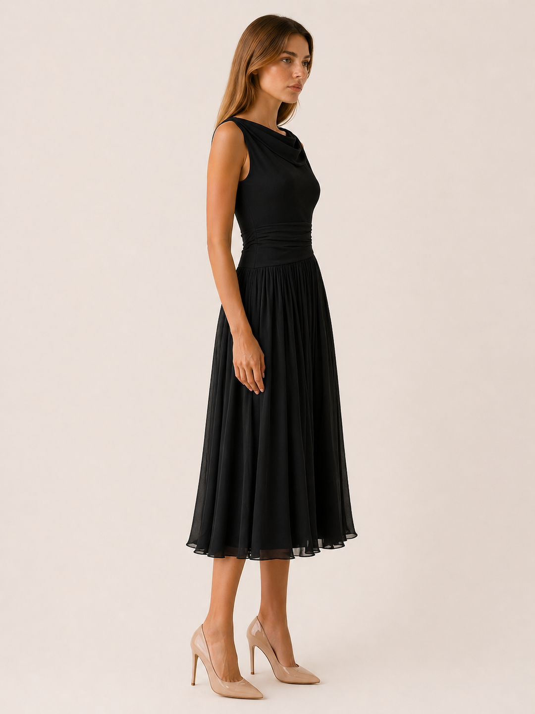 White Pleated Midi Dress with Draped Neckline – close-up