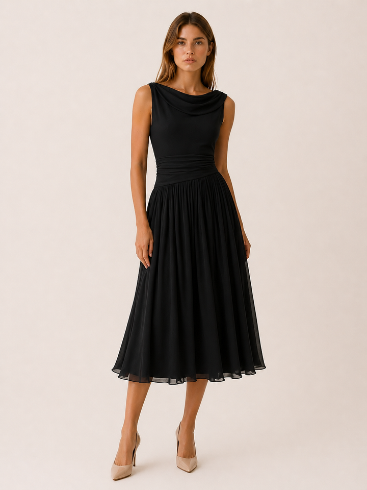 Black Pleated Midi Dress with Draped Neckline – detail view