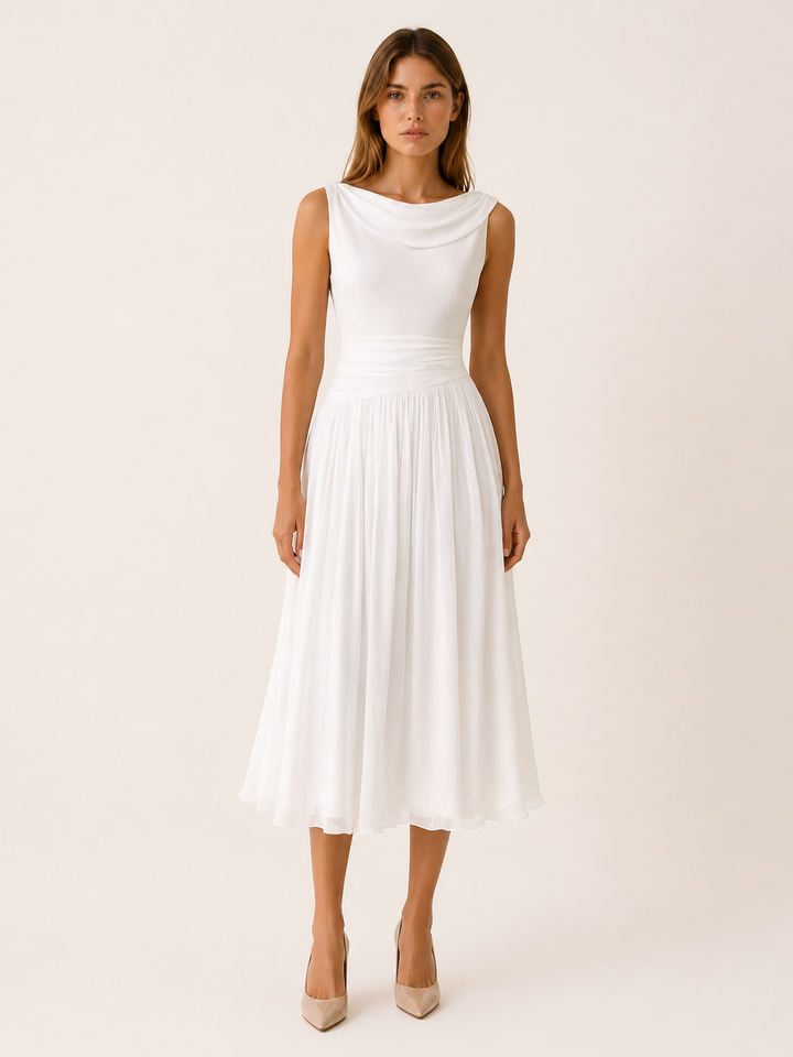 White Pleated Midi Dress with Draped Neckline – front view