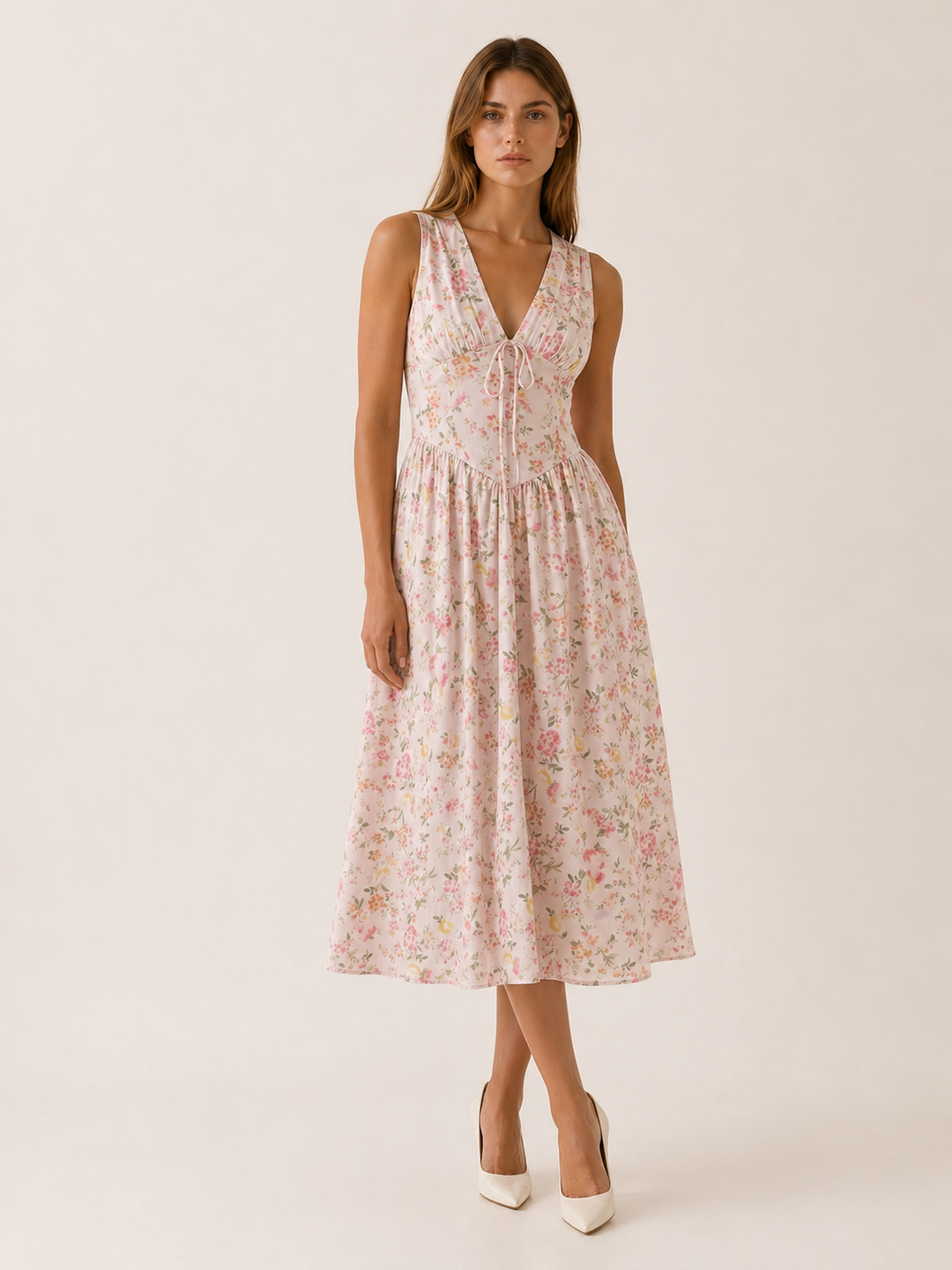 Apricot Plunge Midi Dress with Twist Front – editorial view