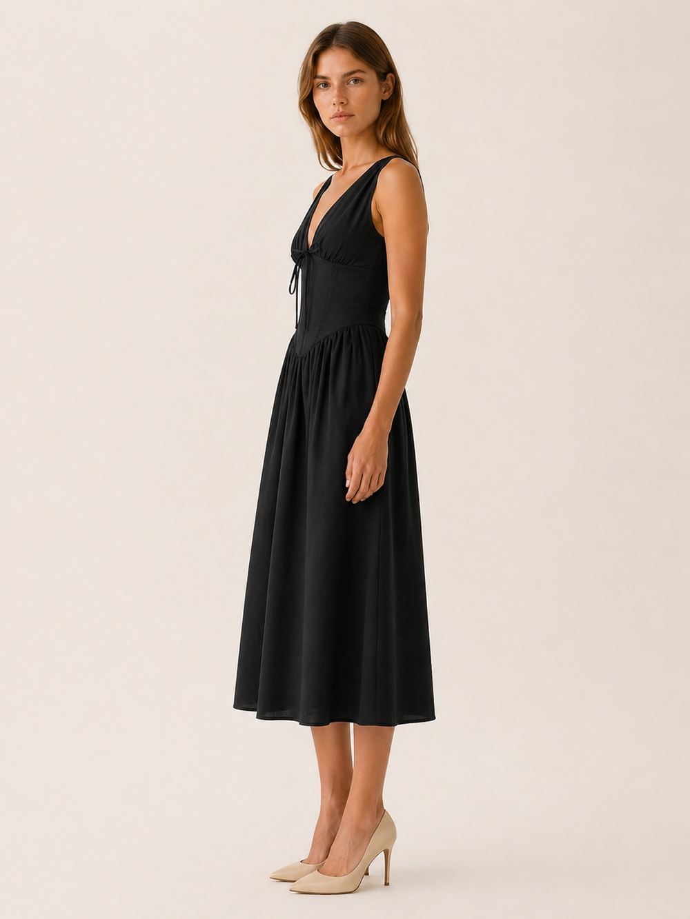 Apricot Plunge Midi Dress with Twist Front – side view