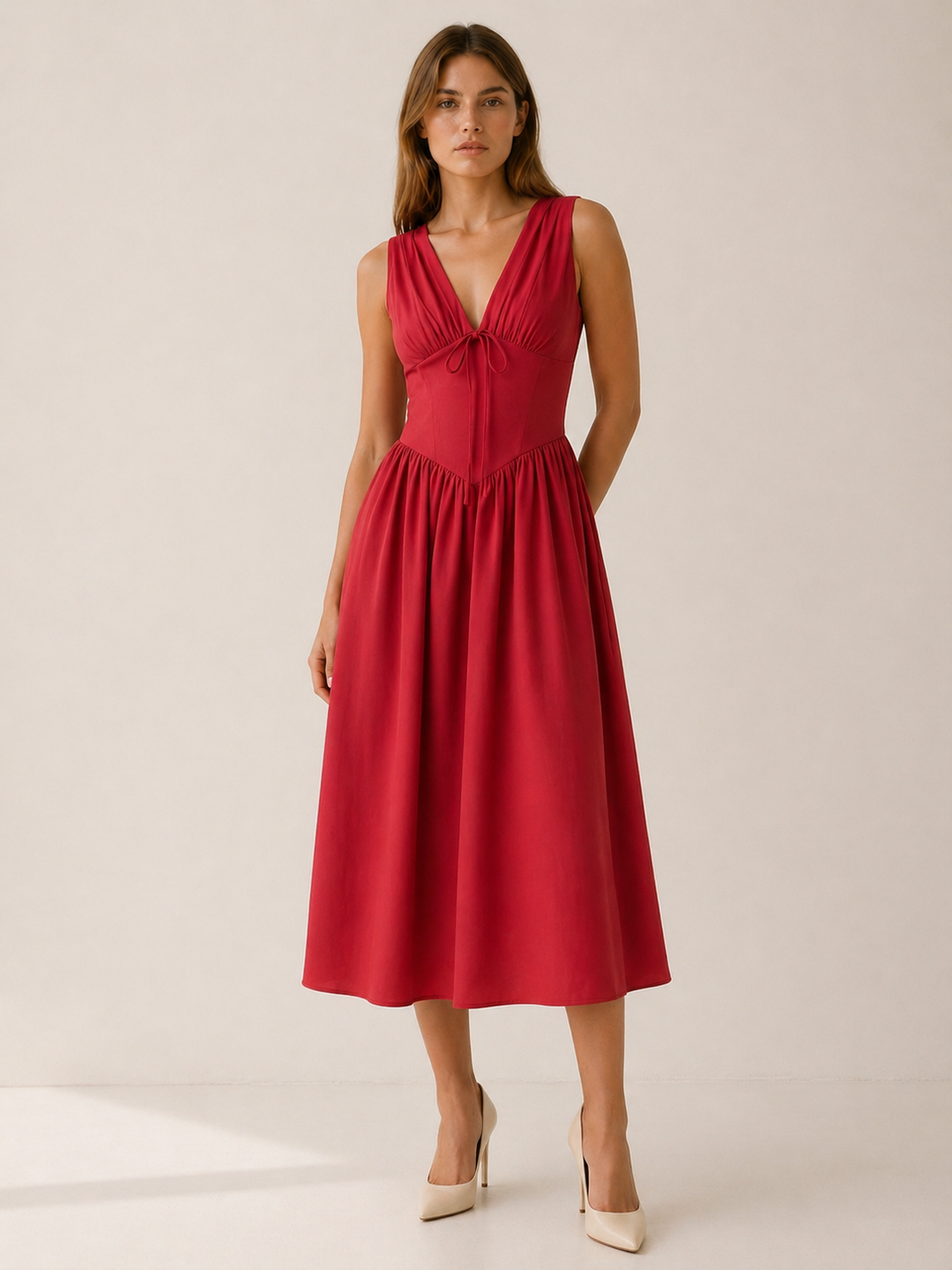 Apricot Plunge Midi Dress with Twist Front – close-up
