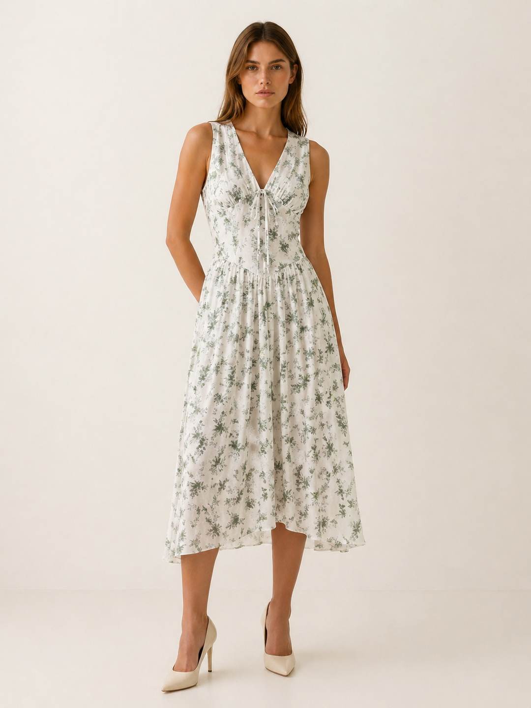 Apricot Plunge Midi Dress with Twist Front – angled view