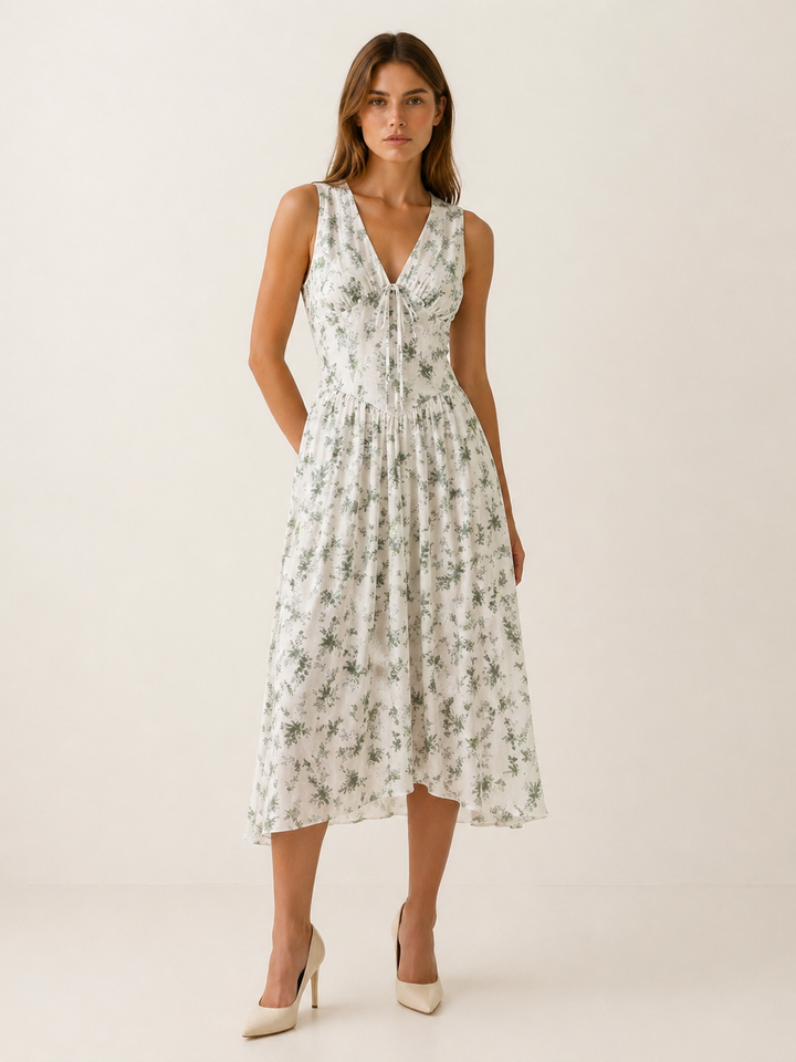 Apricot Plunge Midi Dress with Twist Front – angled view