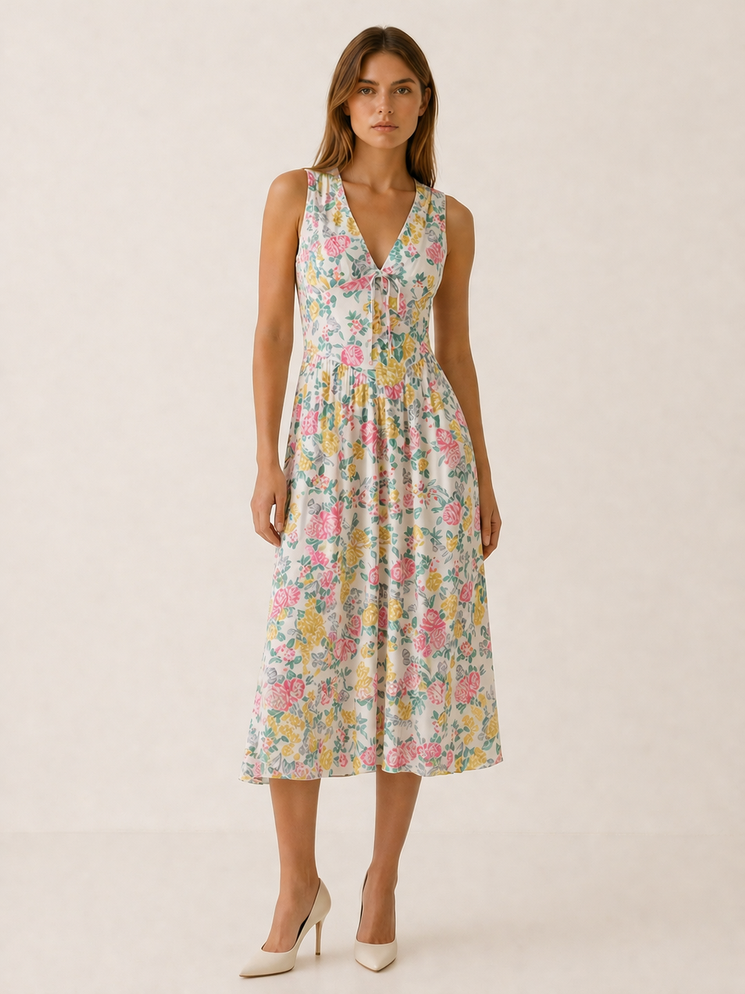 Red Plunge Midi Dress with Twist Front – model view
