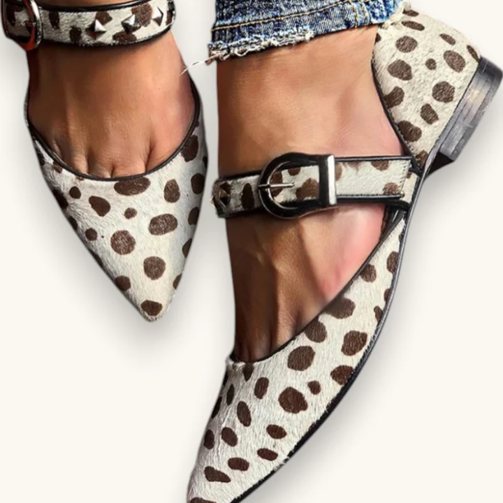 Pointed Ballet Flats | Leopard Print Straps — front view