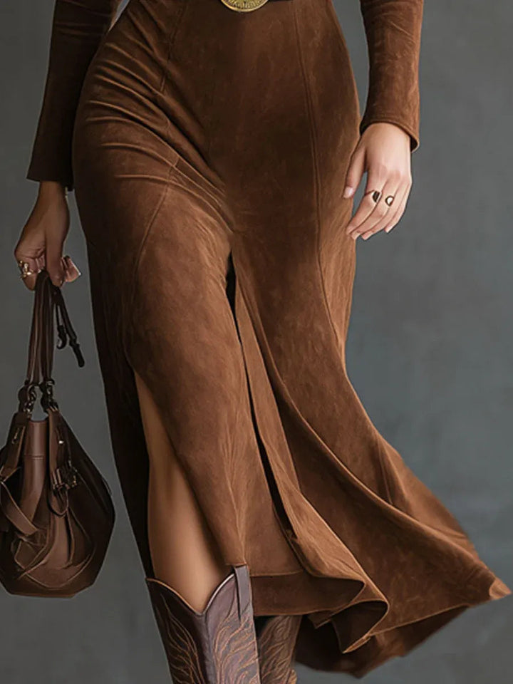 retro western slit midi dress – brown suede women's fashion