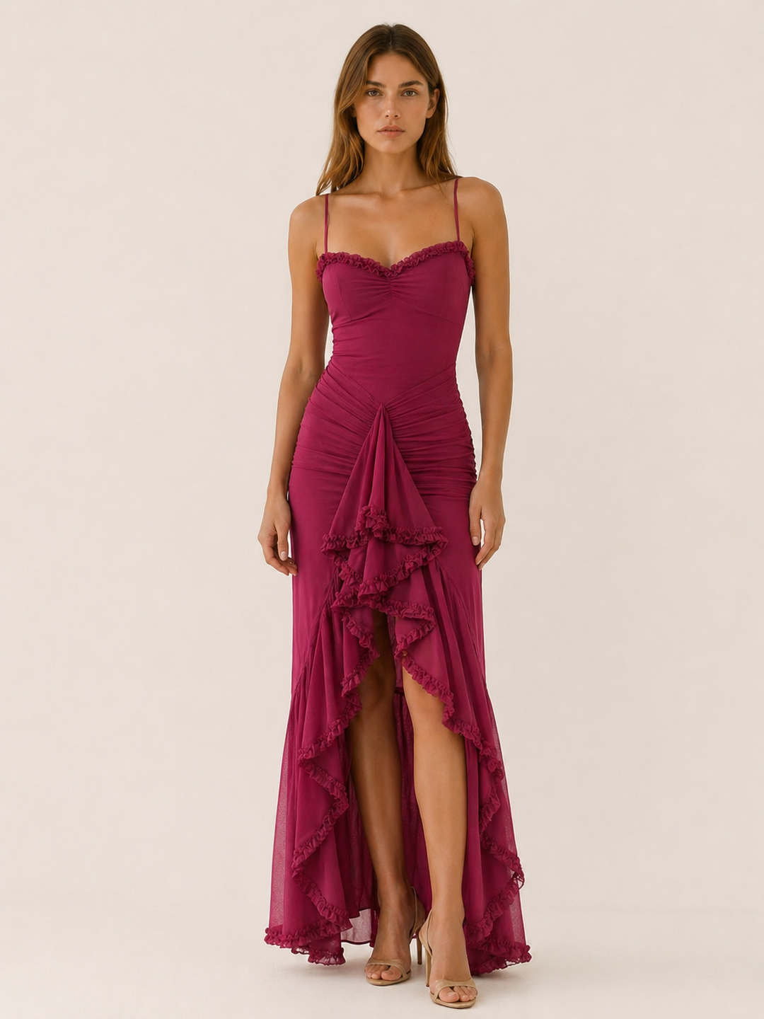 Burgundy Ruffle Maxi Dress with Ruched Detail – detail view
